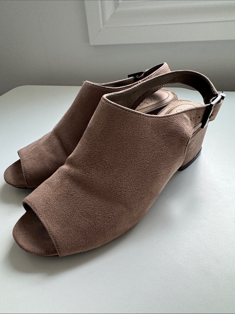 Life Stride Taupe Suede Open-Toe Slingback Mules